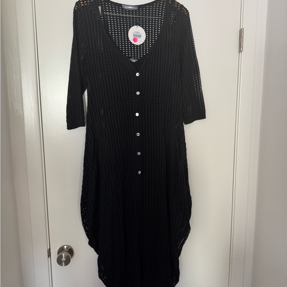 Black Open-Knit Button-Front Maxi Dress with pockets NWT